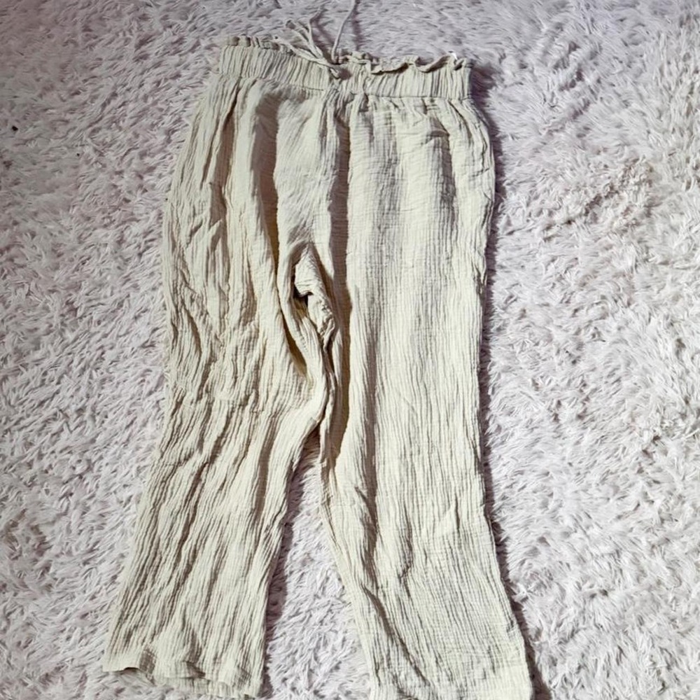 Cream Earthy Boho Hippie Granola Artisan Lagenlook Gauze Paperbag Pants Womens L